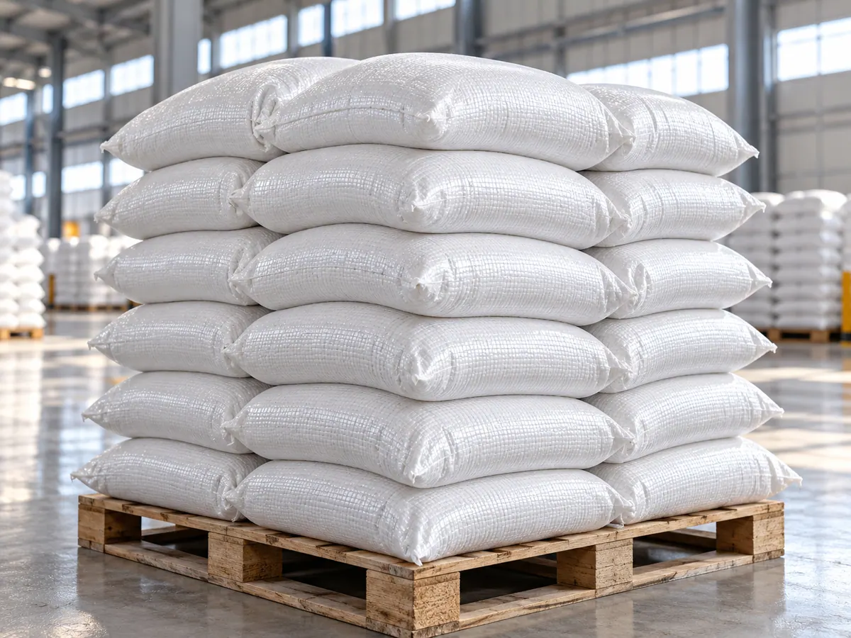 Stack of filled white PP woven sacks on a pallet in a warehouse
